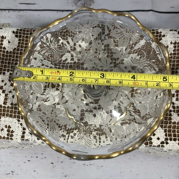 Glass Etched Pedestal Compote Dish Gold Trim - Picture 6 of 7